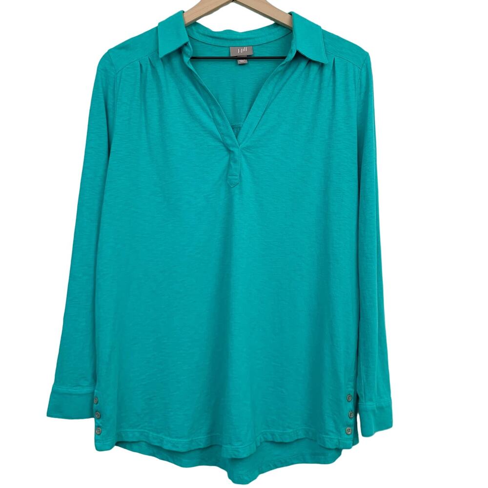 J. Jill Top Size Small Teal Collared Long Sleeve V Neck Button Details Cotton